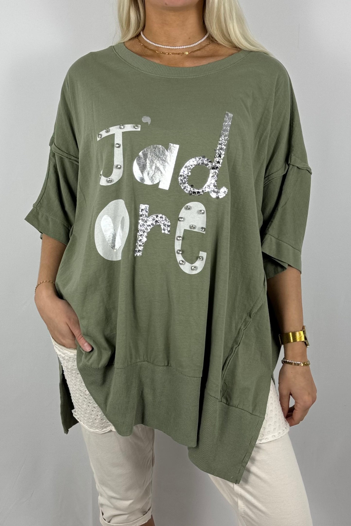 Oversize-Shirt „J’adore“ mit Glitzer-Print-Khaki