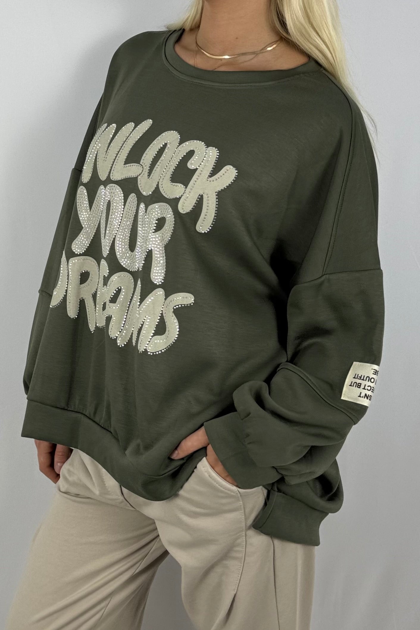 Damen Oversize Sweatshirt – Unlock Your Dreams-Khaki