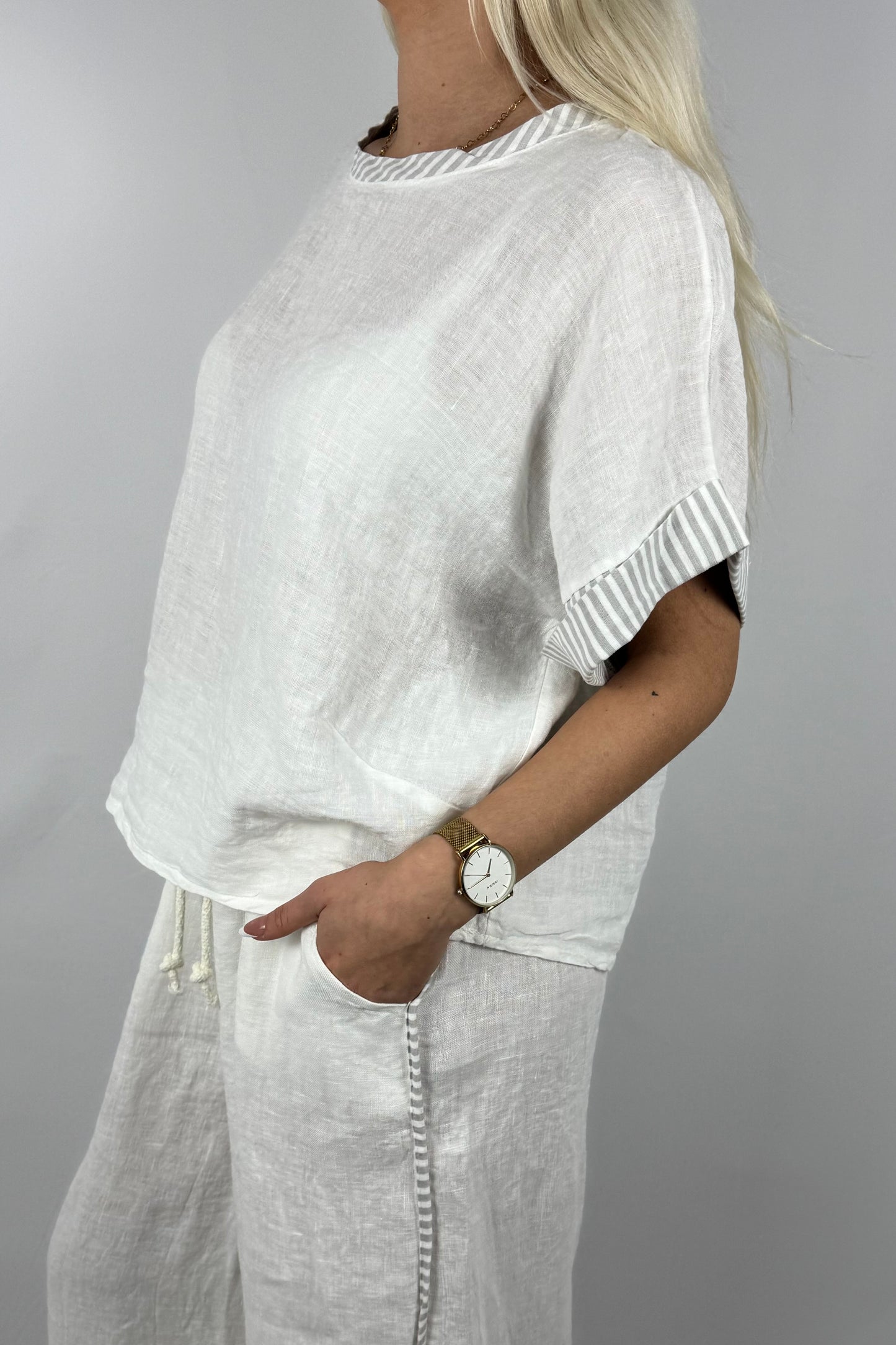 Leinen Shirt mit Streifen Detail-Weiß
