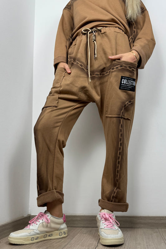 Hose mit Ketten-Print und Taschen –Cammel