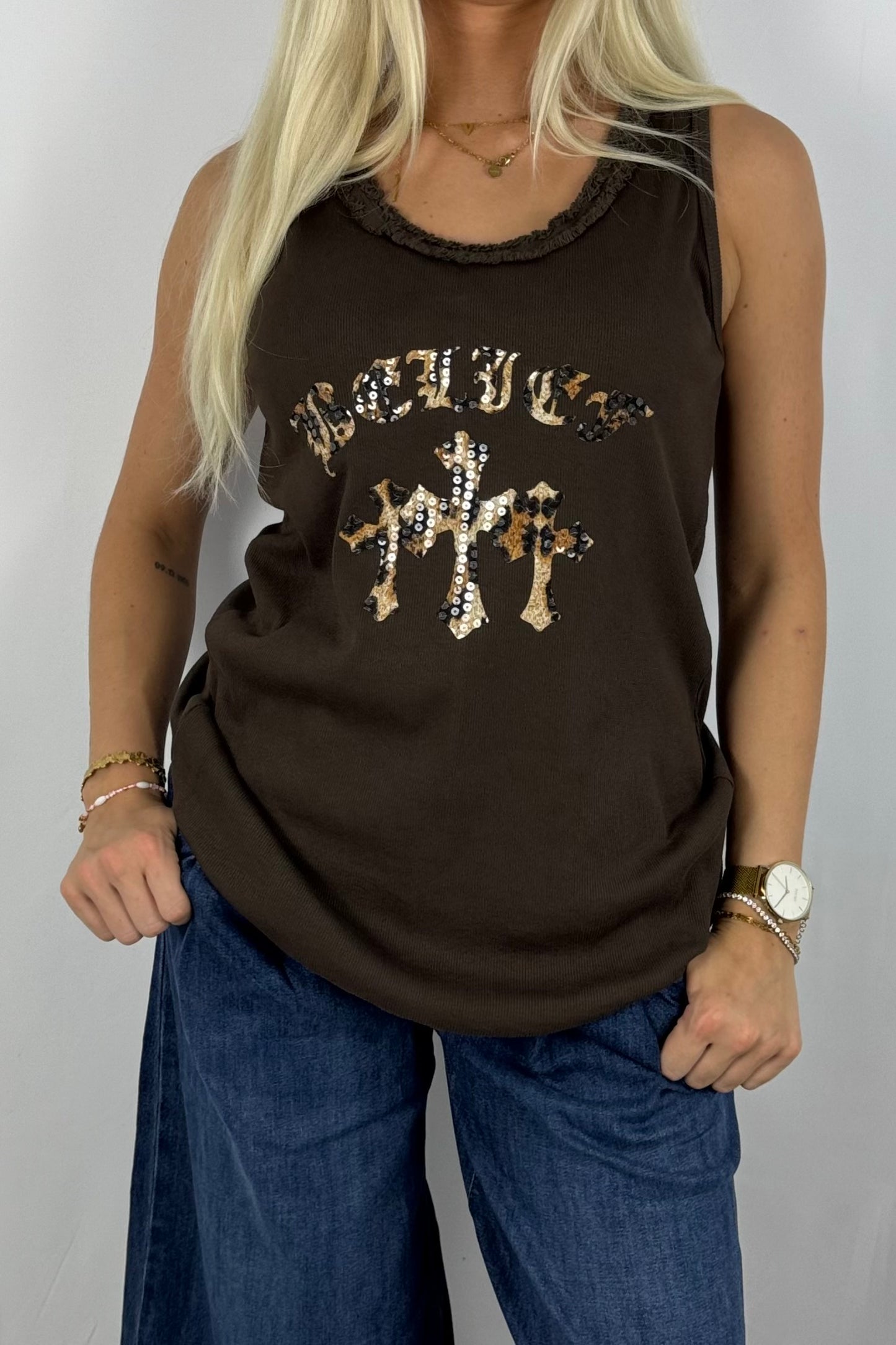 Damen Top mit Leo-Print & Pailletten-Schoko