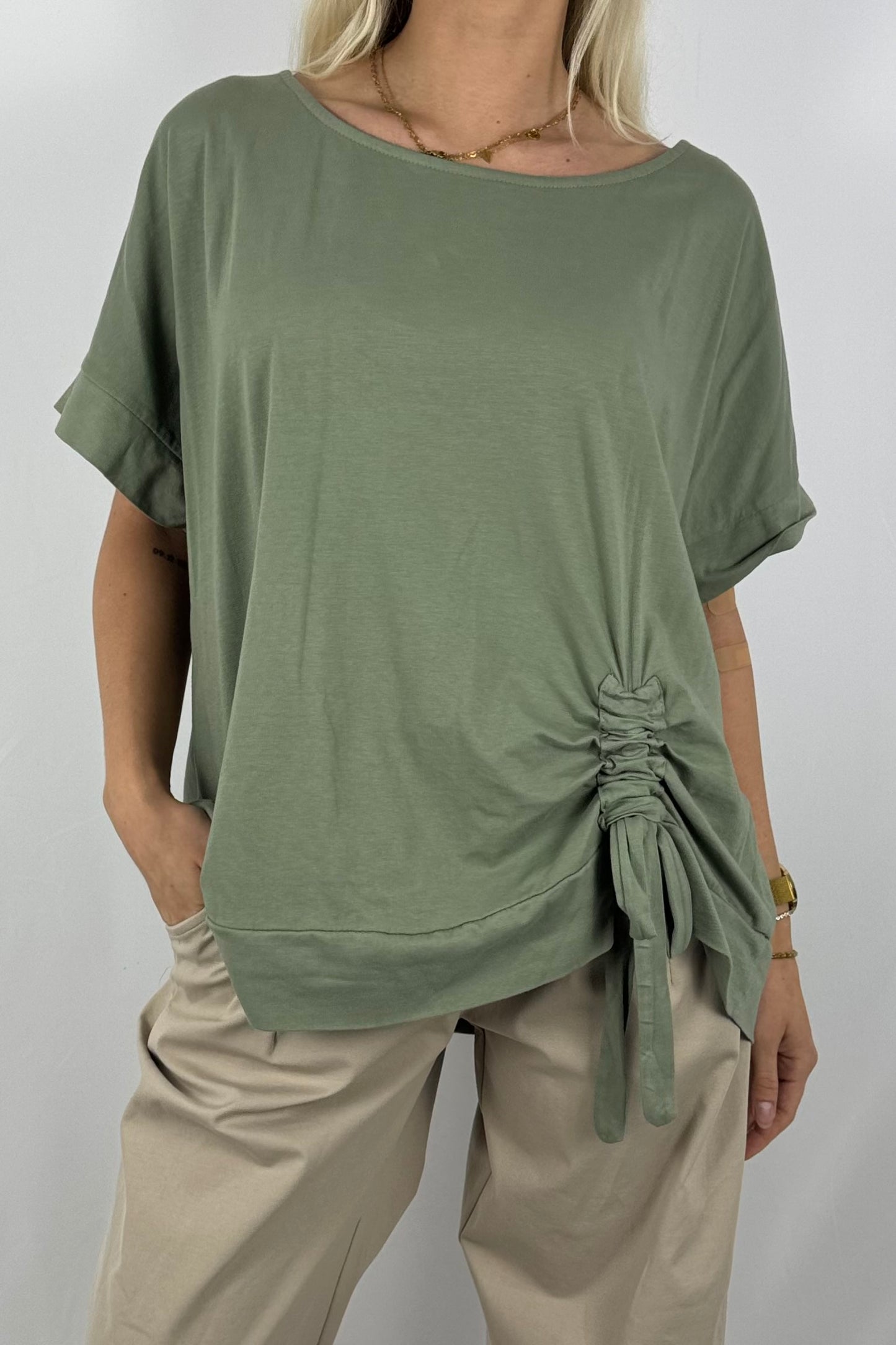 Shirt mit Raffdetail & Zierschnürung – lässig und modern-Khaki