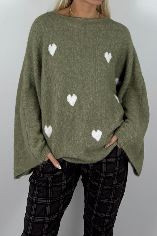 Damen Oversize-Strickpullover mit Herzmuster-Hell Khaki
