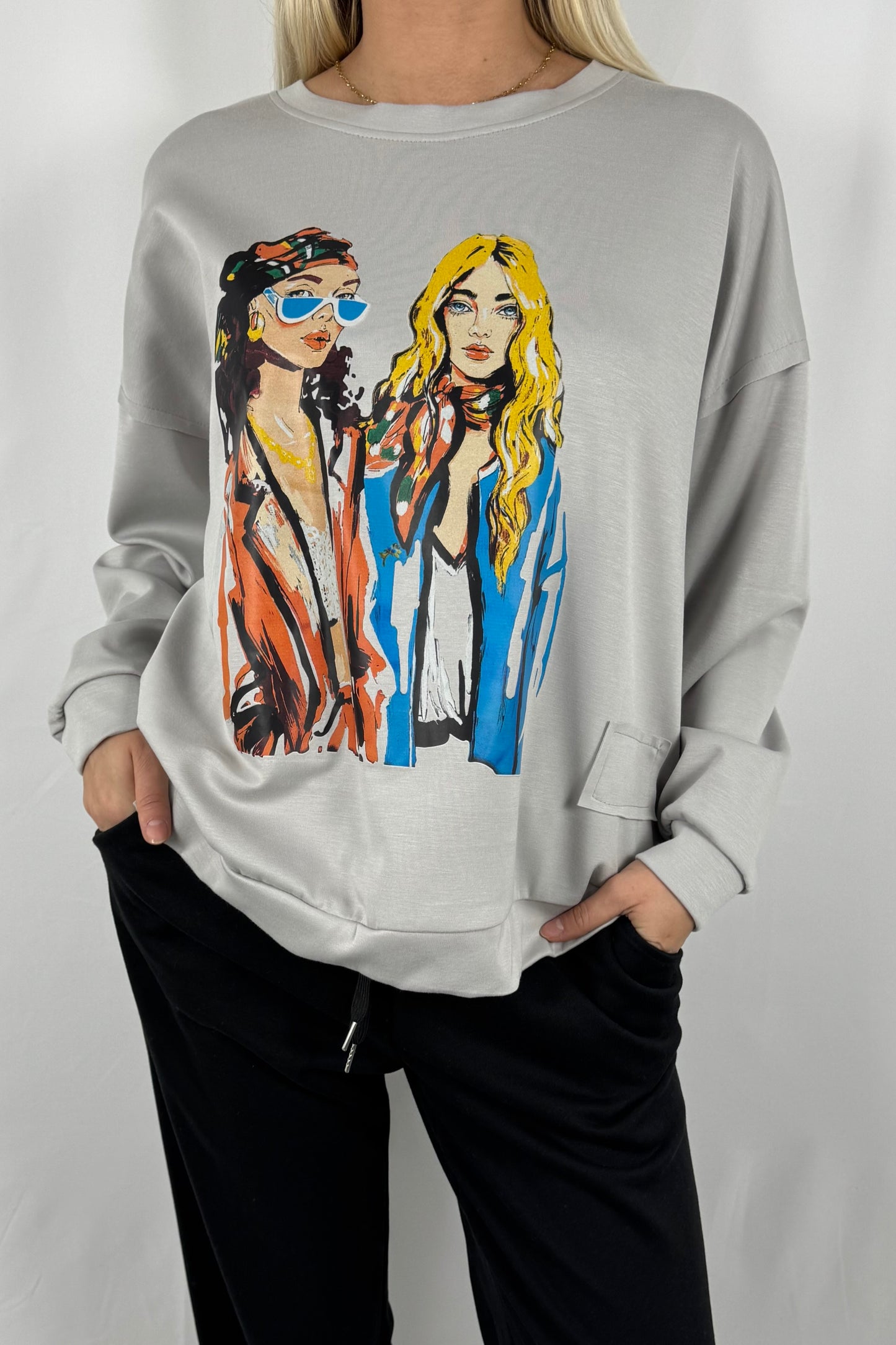 Oversize Damen Sweatshirt mit Fashion Print-grau