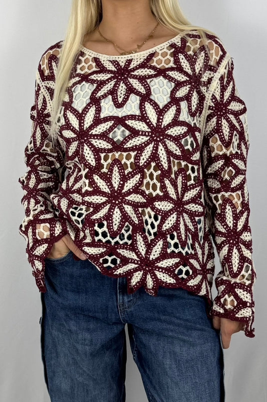Gehäkeltes Oversize-Shirt mit Blumenmuster-Bordeaux