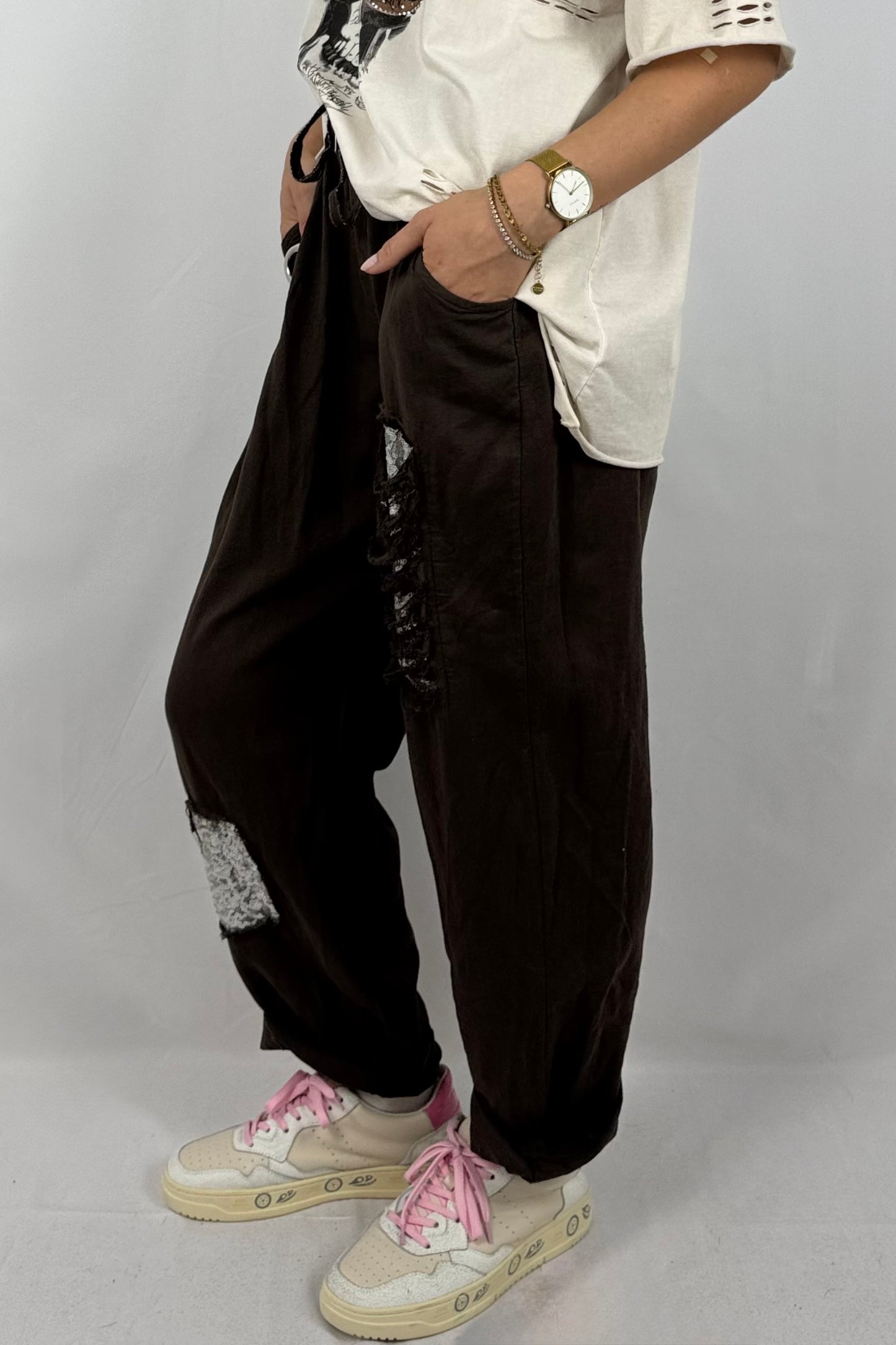 Leinen-Viskose Hose mit Pailletten-Details-Choco