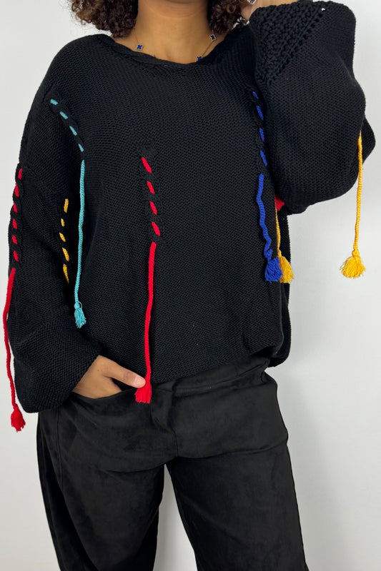 Strickpullover mit bunten Details – Schwarz