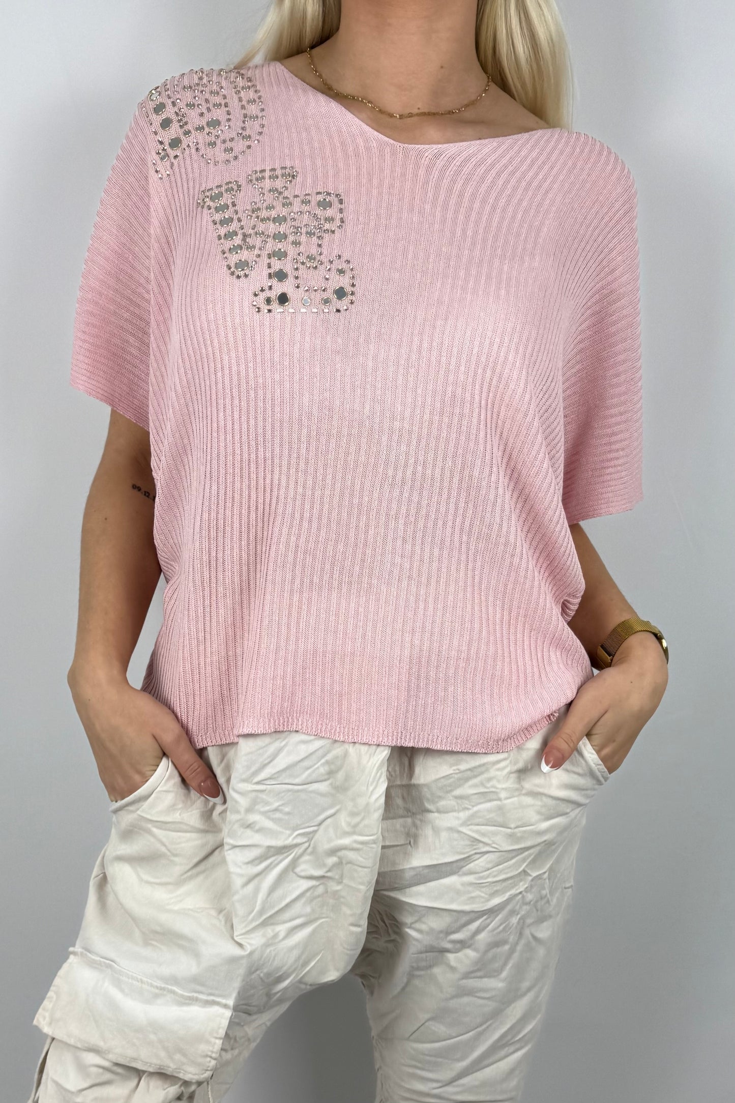 Strickshirt LOVE mit Glitzersteinen Damen-Rosa