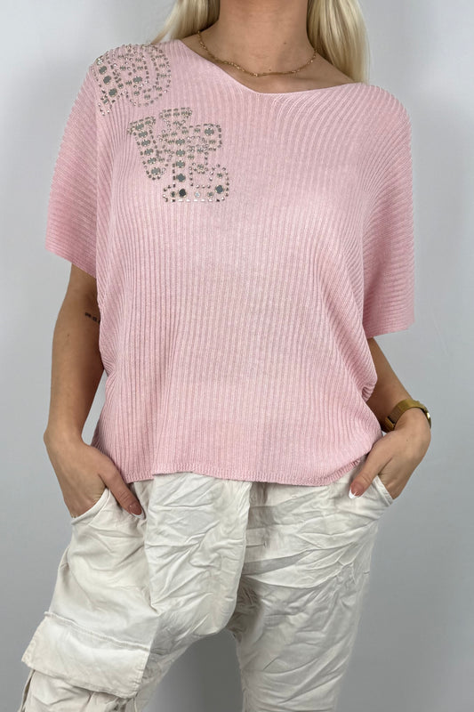 Strickshirt LOVE mit Glitzersteinen Damen-Rosa