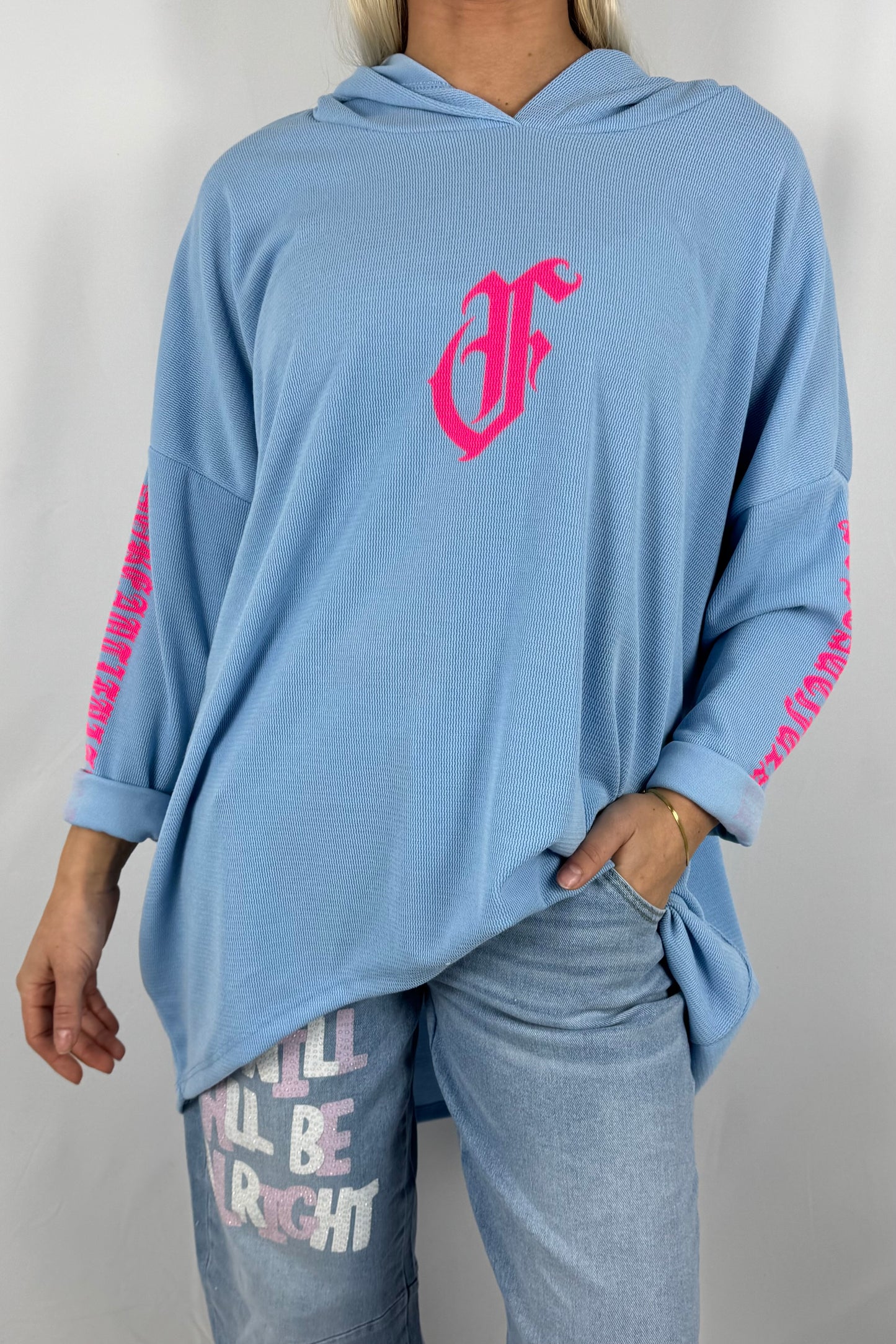 Damen Hoodie mit Frontprint und Schriftzug an den Ärmeln-Hellblau