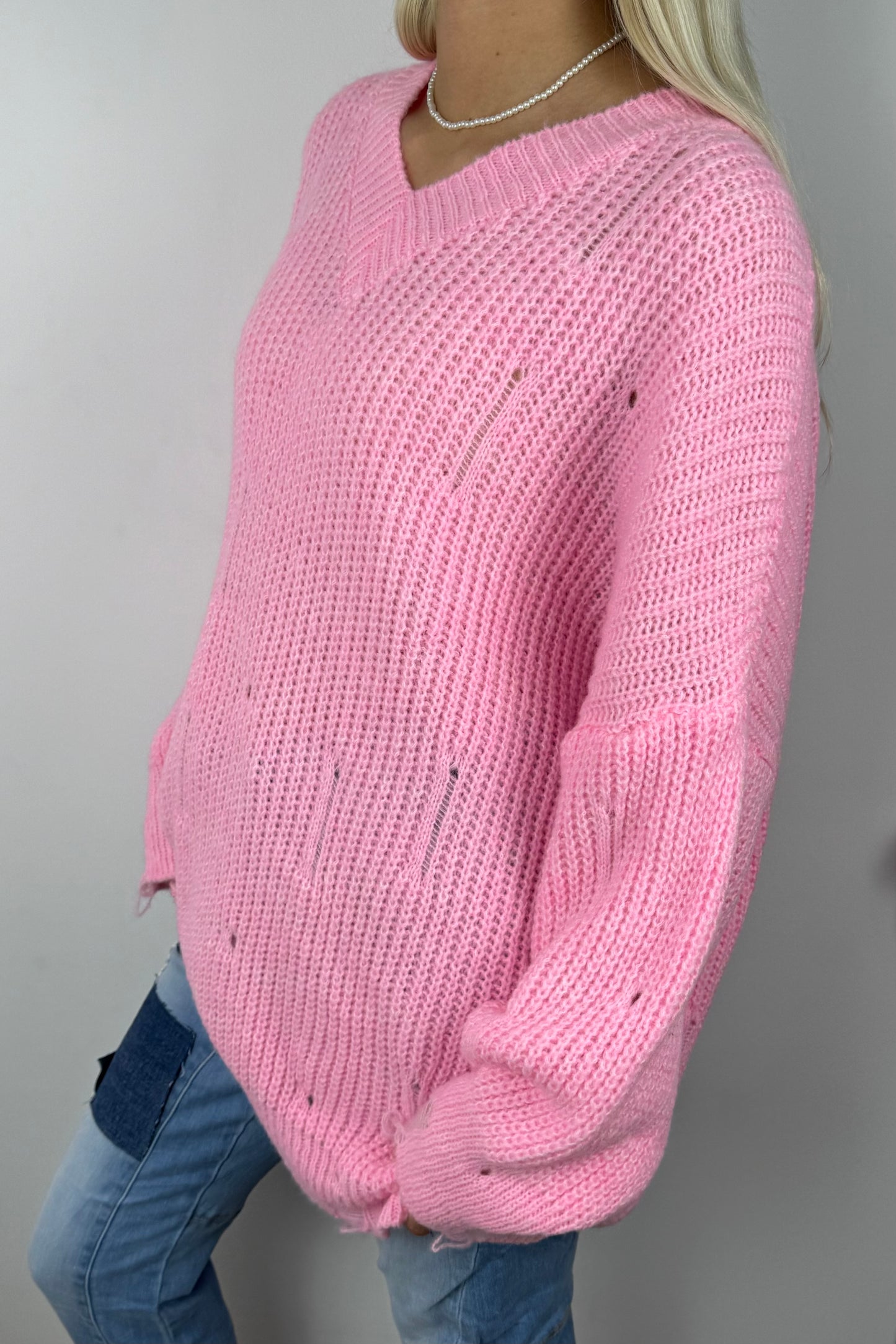 Oversize Strickpullover mit V-Ausschnitt – Rosa