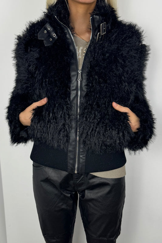 Stylische Felljacke mit Reißverschluss und Kragen-Schwarz