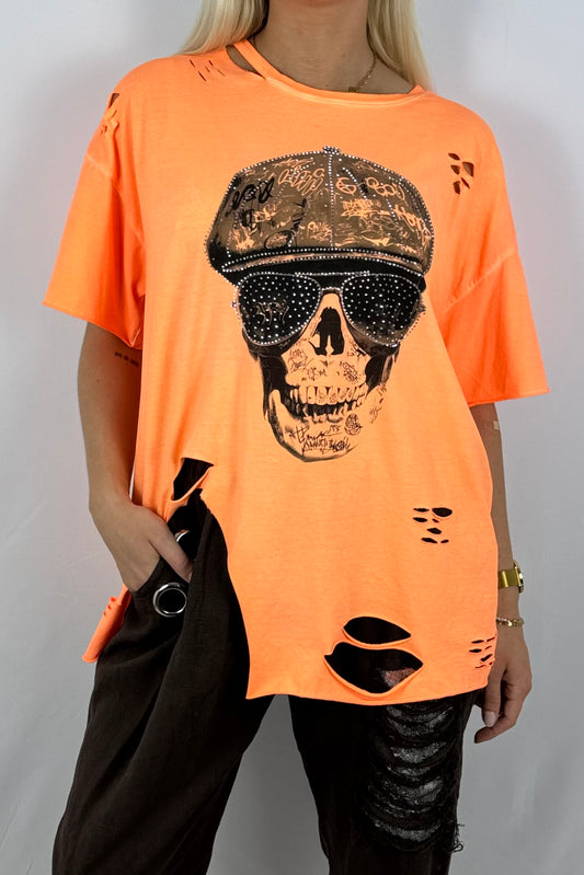 Oversize Shirt mit Skull-Print & Destroyed-Look-Neon Orange