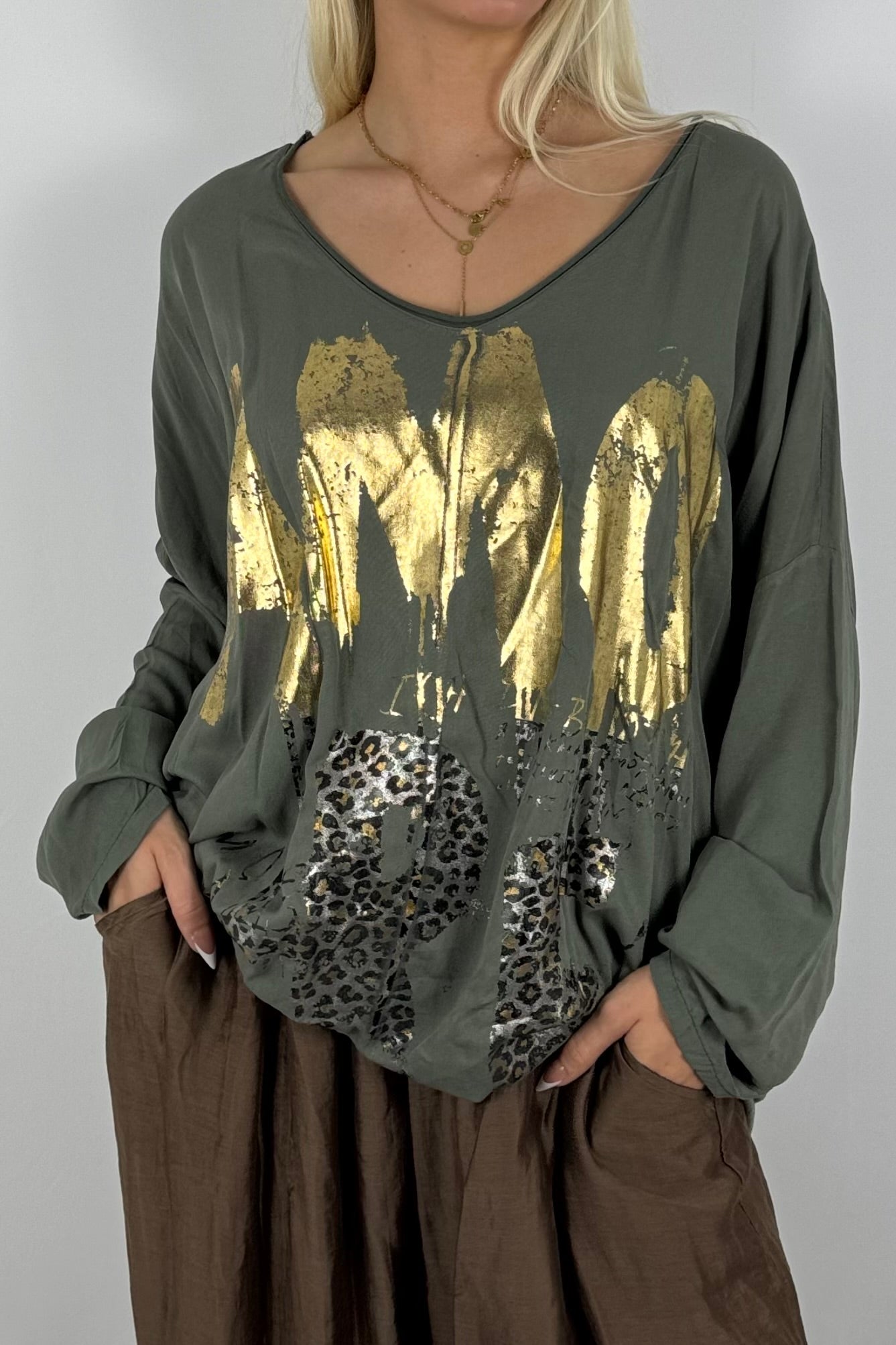 Oversize-Shirt mit Statement-Print-Khaki