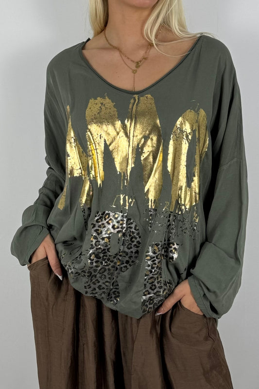 Oversize-Shirt mit Statement-Print-Khaki