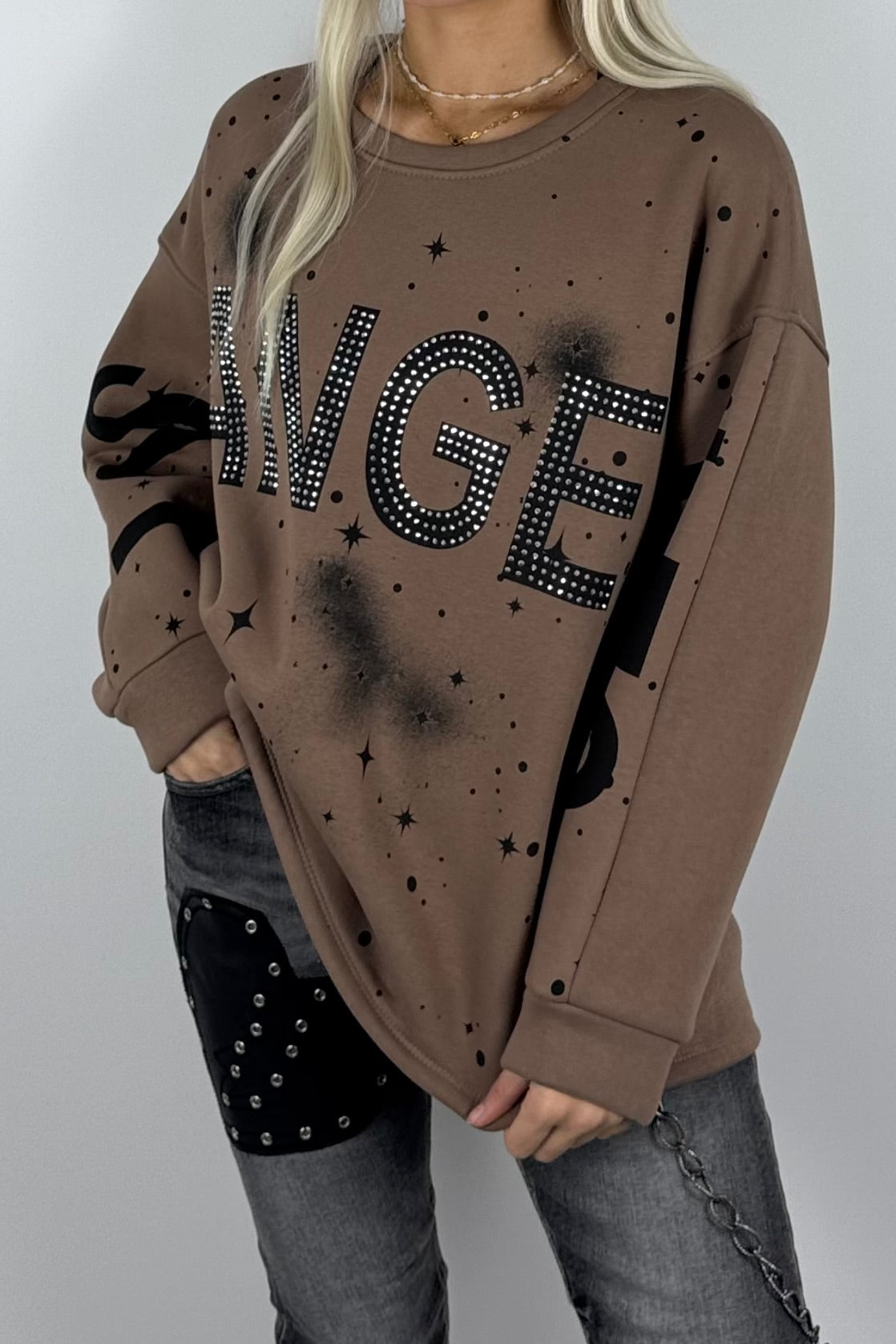 Damen-Sweatshirt mit „Los Angeles“-Schriftzug und Glitzersteinen - Mud