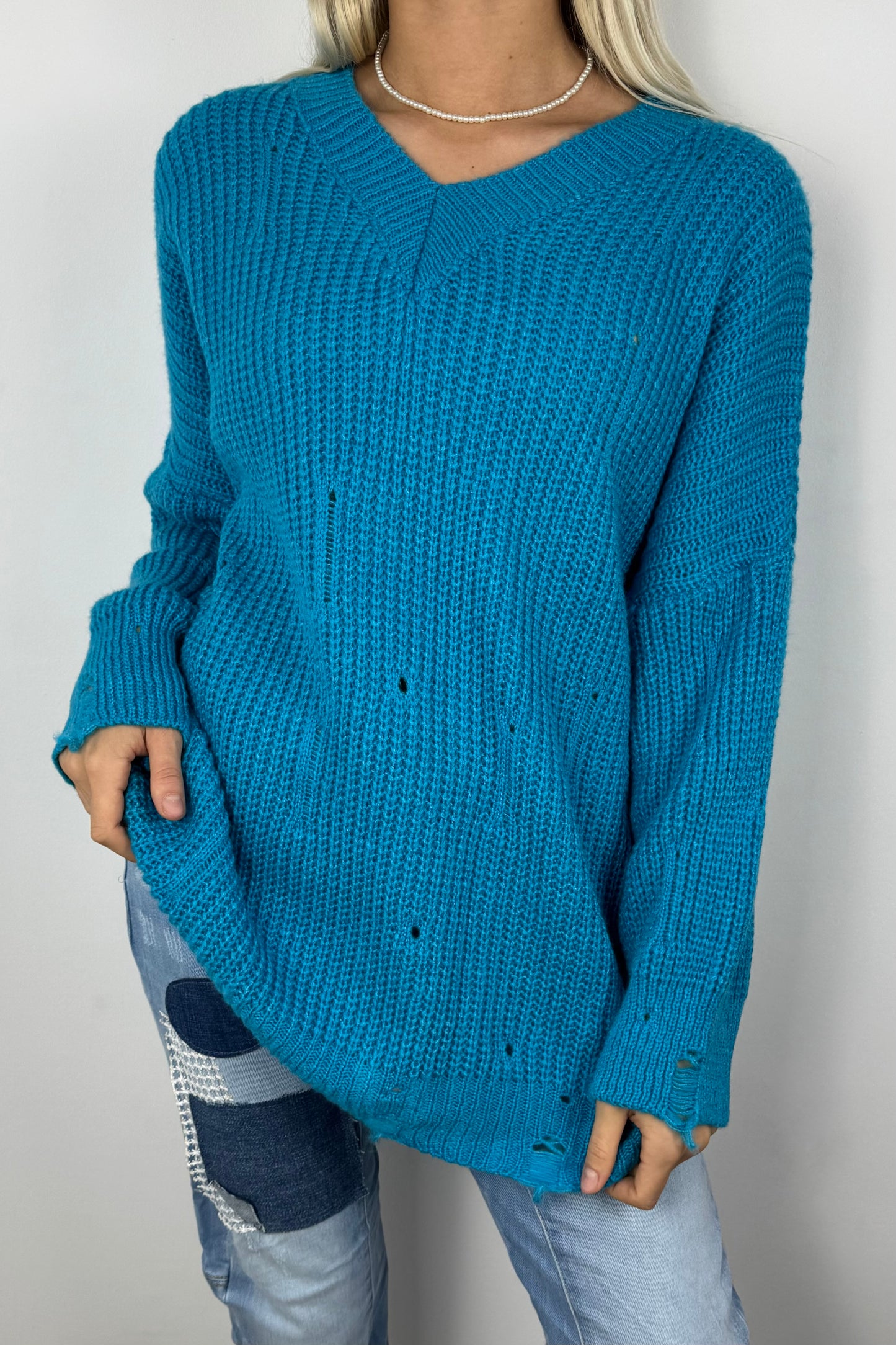 Oversize Strickpullover mit V-Ausschnitt – Turquoise
