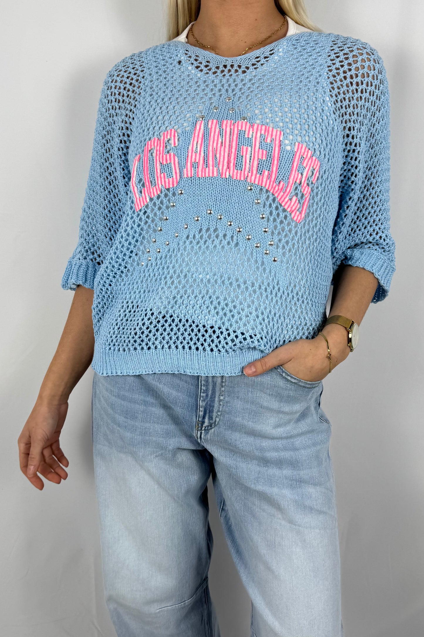 Damen Strickshirt „Los Angeles“ mit Strass-Hellblau