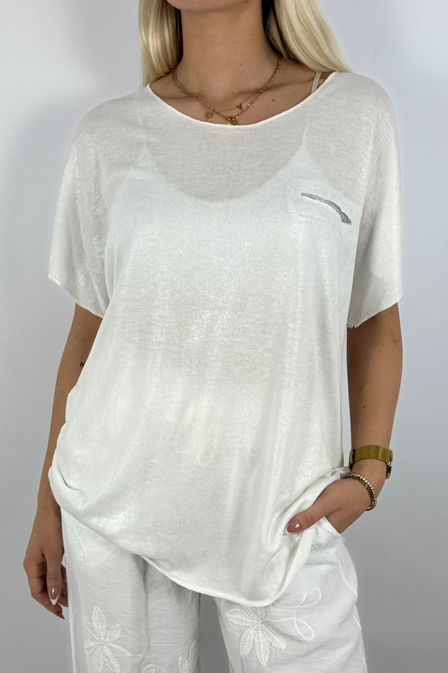 Glitzer-Shirt mit Pailletten-Detail – elegant & bequem-Weiß