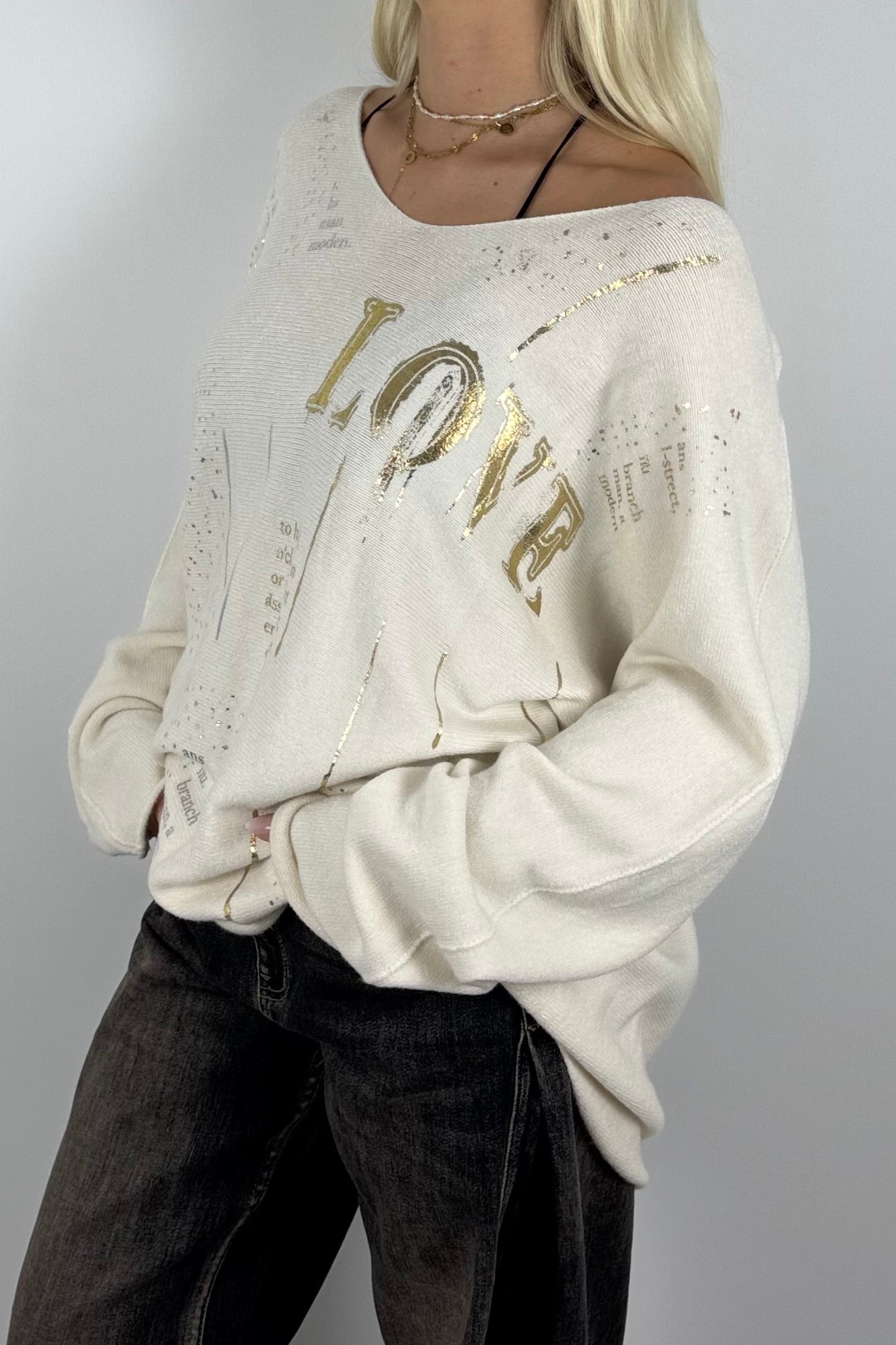 Oversize Shirt mit V-Ausschnitt & Metallic-Print-Cream Weiß