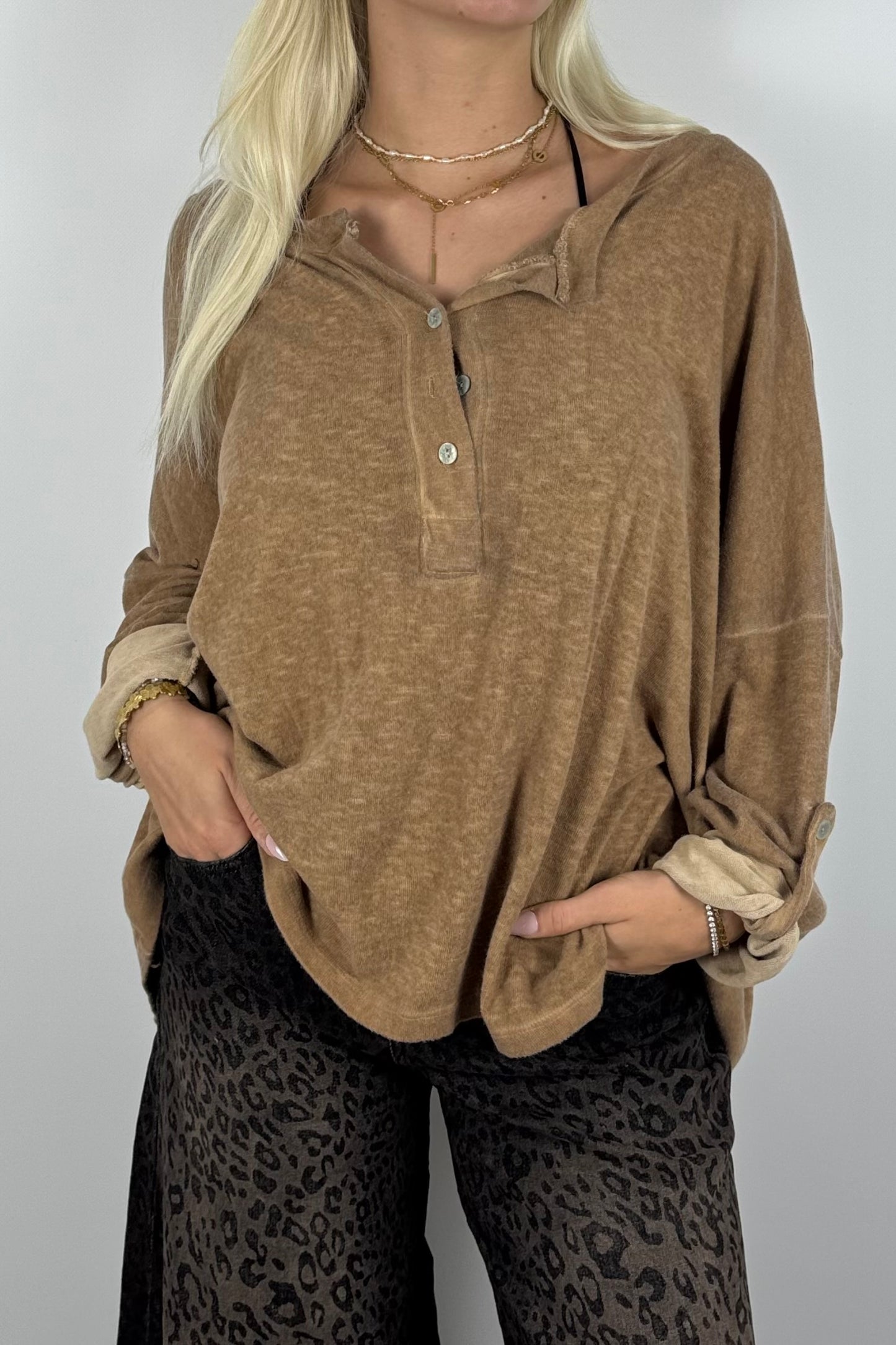Oversize Shirt mit Knopfleiste-Kamel