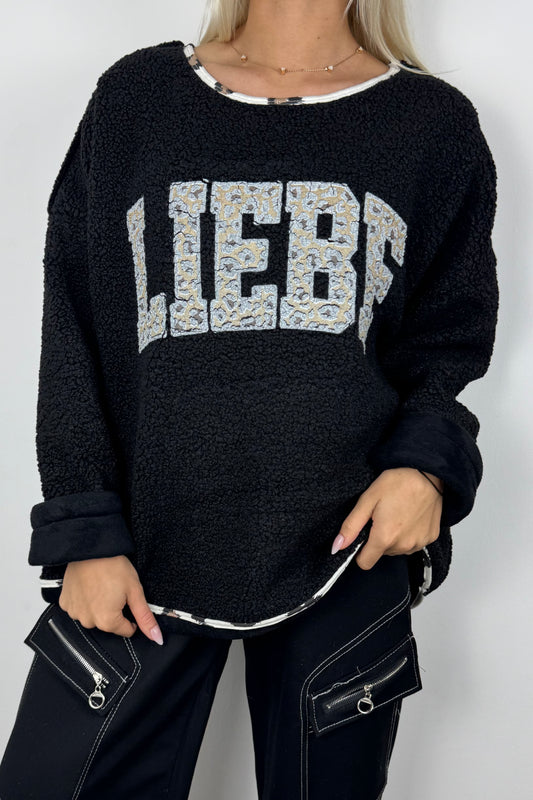 Oversize Teddy Pullover „LIEBE“ –Schwarz
