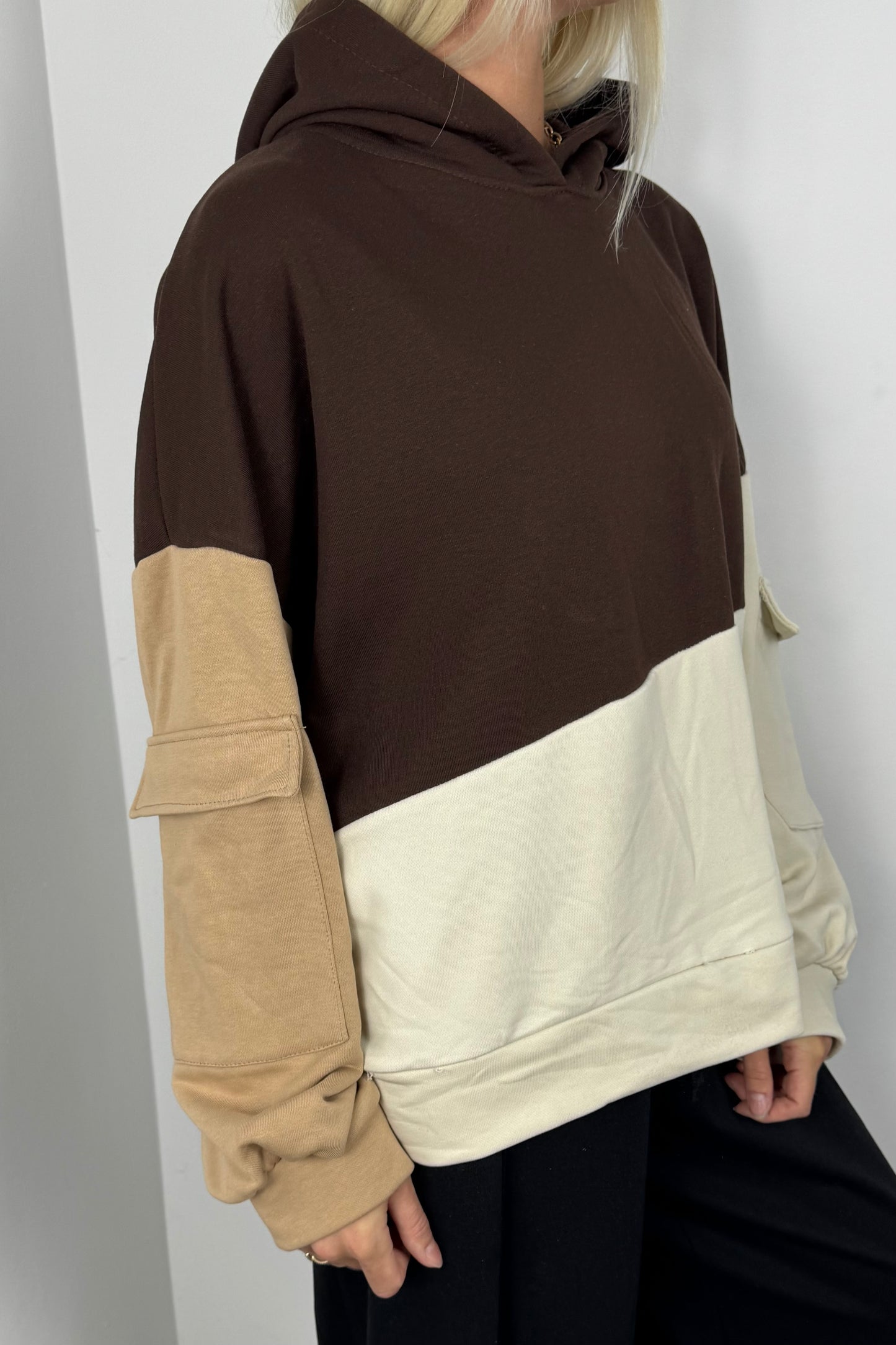 Oversize Damen Hoodie mit Farb-Block Design-Choco