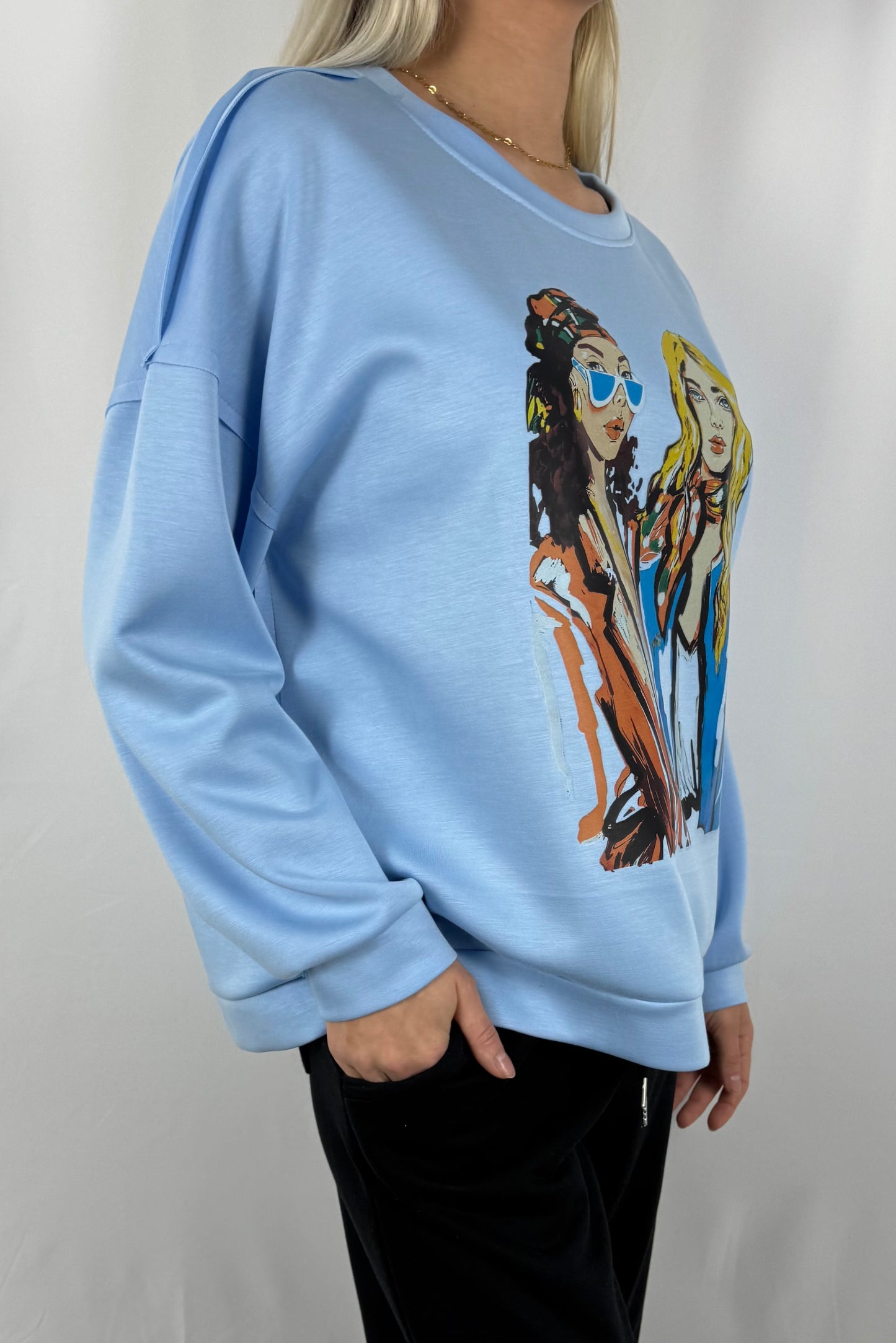 Oversize Damen Sweatshirt mit Fashion Print-Hellblau