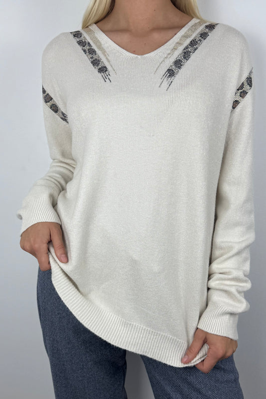 Feinstrick Pullover mit Glitzer-Details und V-Ausschnitt-Weiß