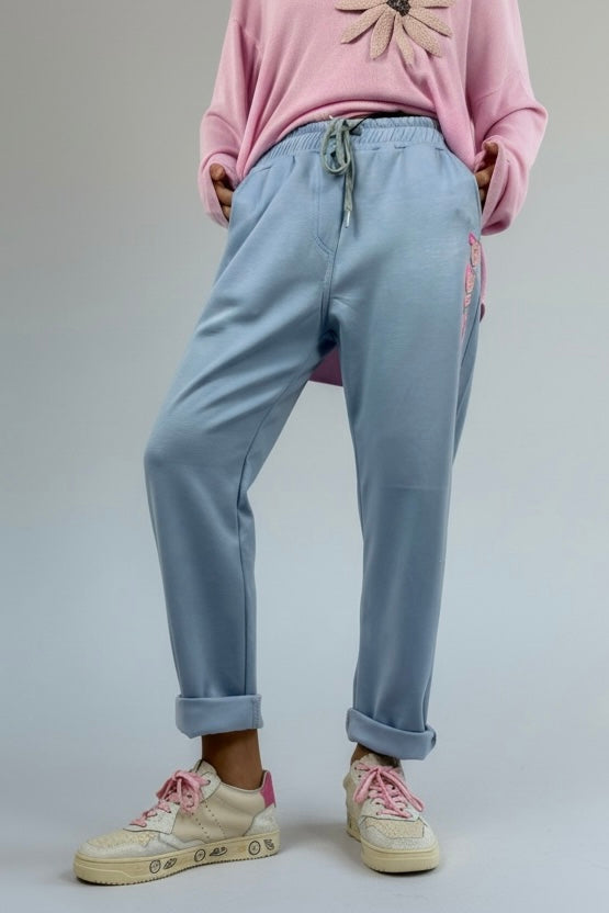 Hose mit elastischem Bund & Schriftzug „PSYCHO“-Hellblau