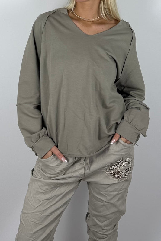 Damen Oversize-Sweatshirt mit V-Ausschnitt-Mud