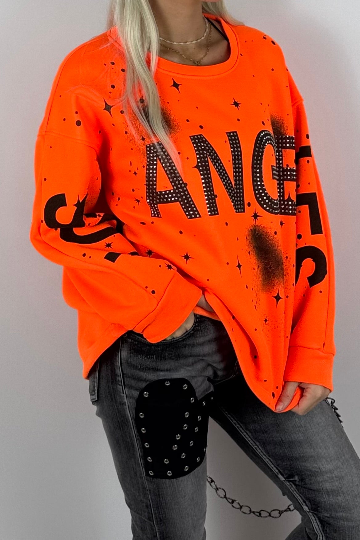 Damen-Sweatshirt mit „Los Angeles“-Schriftzug und Glitzersteinen - Neon Orange