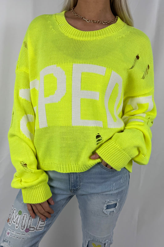Strickshirt mit Schrift-Design-Neon Gelb