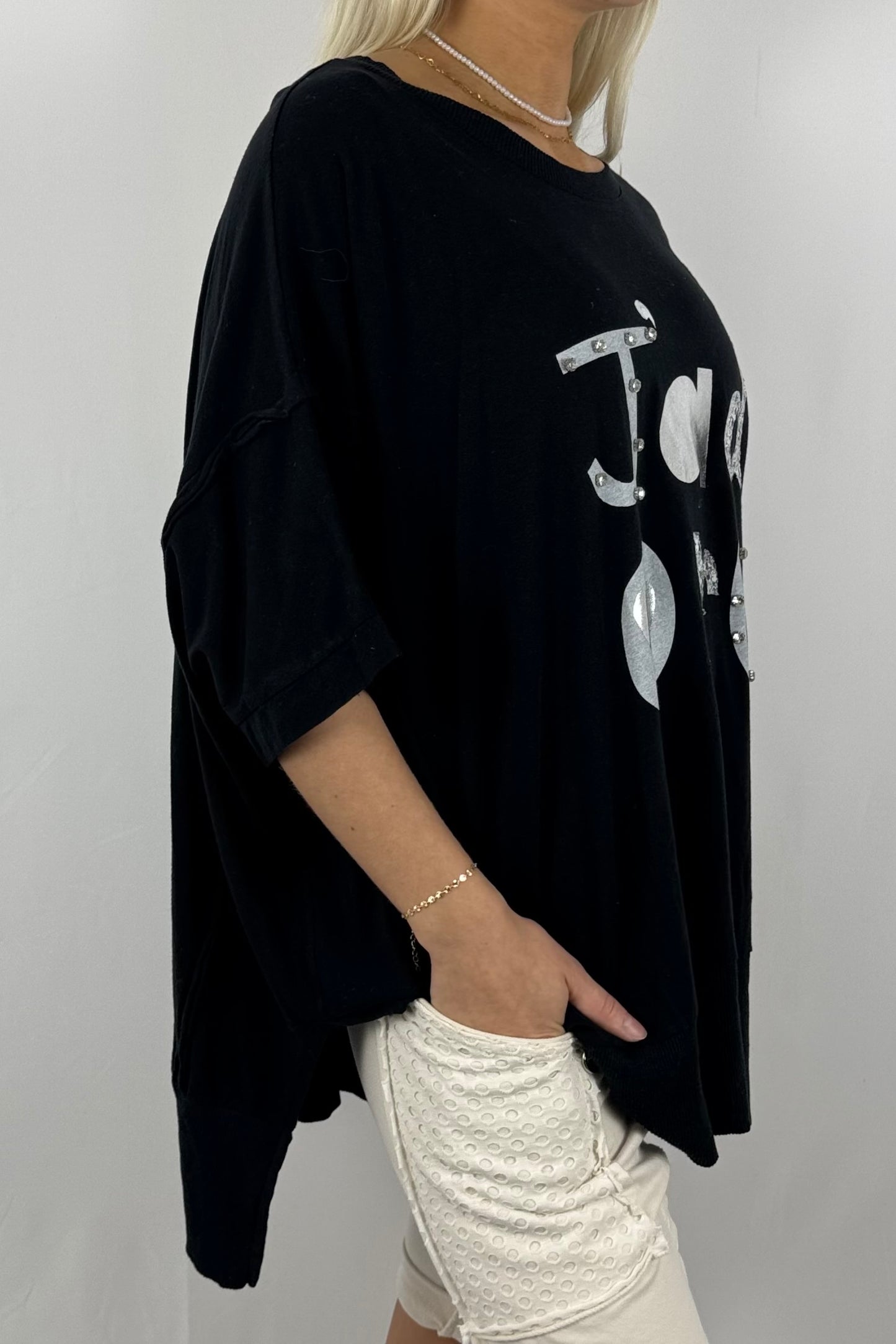 Oversize-Shirt „J’adore“ mit Glitzer-Print-Schwarz