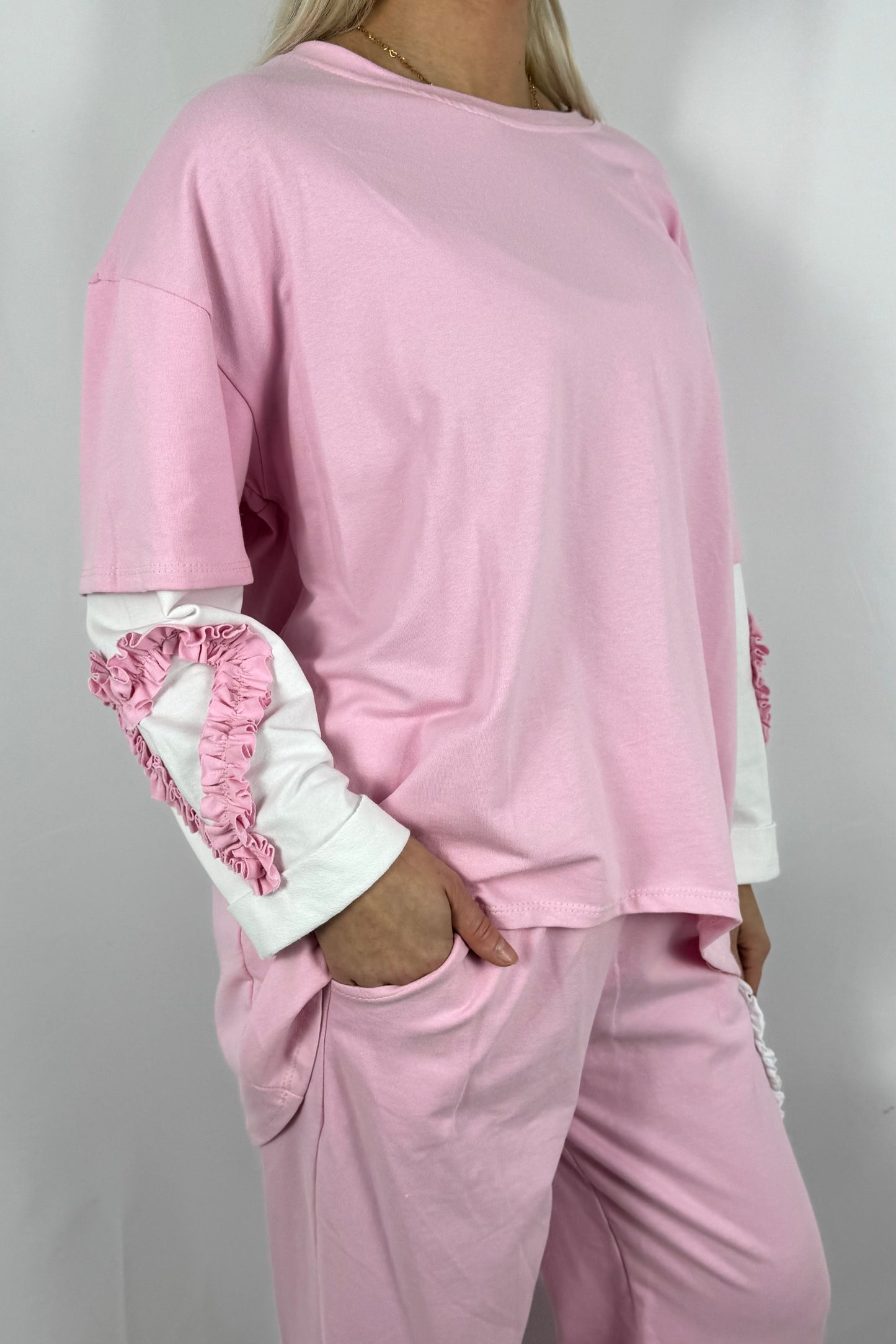 Damen Shirt mit Herz Applikation an den Ärmeln-Rosa
