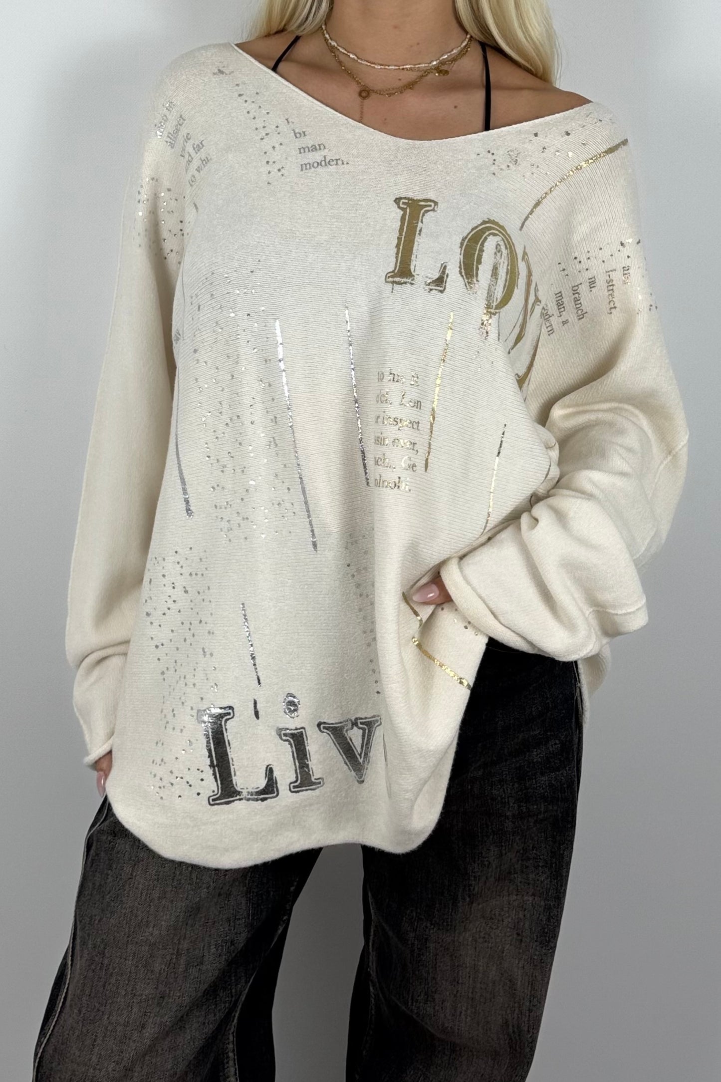 Oversize Shirt mit V-Ausschnitt & Metallic-Print-Cream Weiß