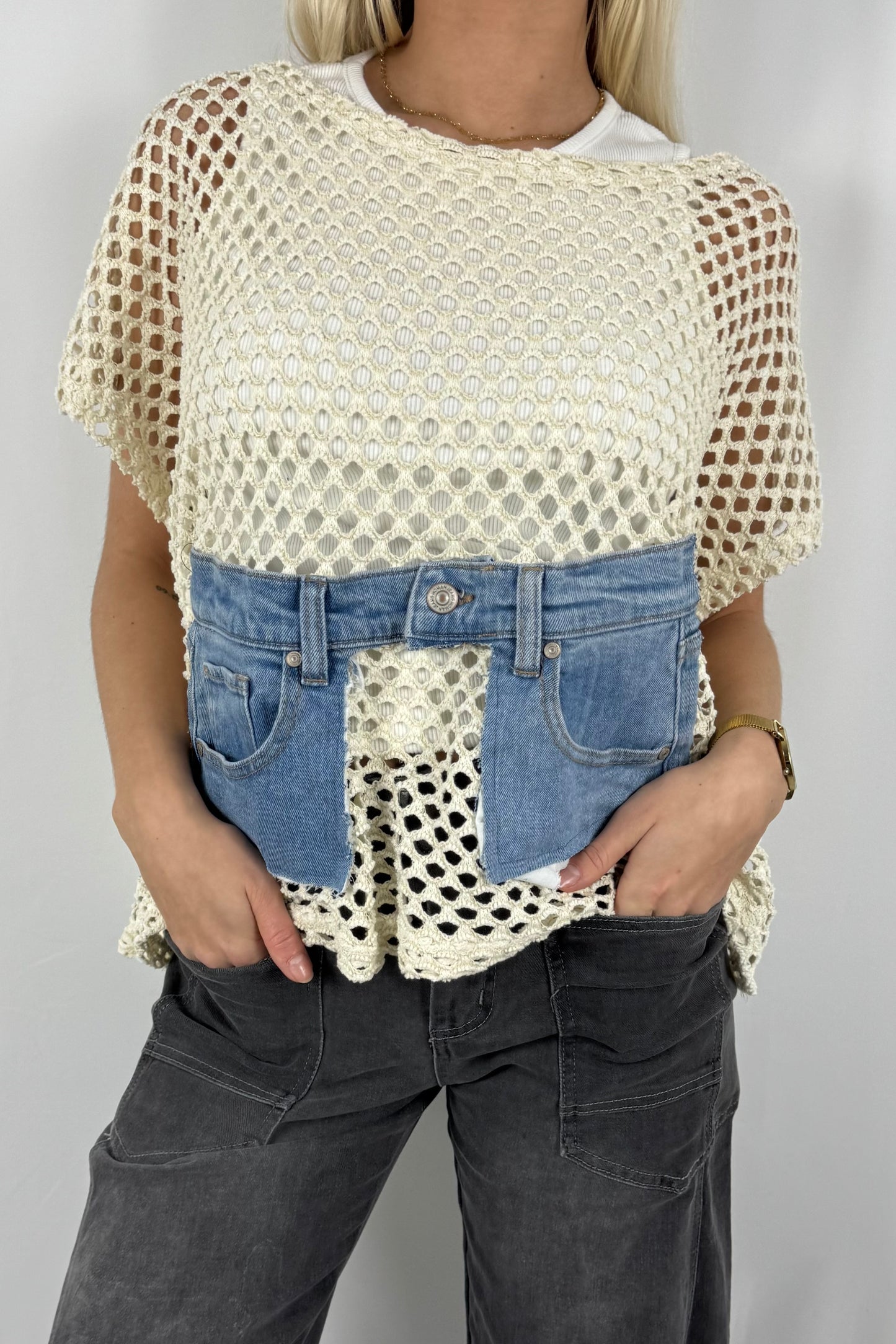 Damen Strick Shirt mit Netzstruktur und Denim Detail-Beige