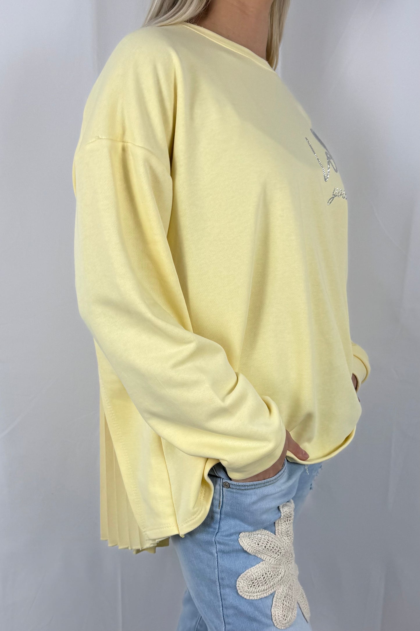 Damen Sweatshirt mit Glitzer Herz & Plissee Einsatz-Gelb