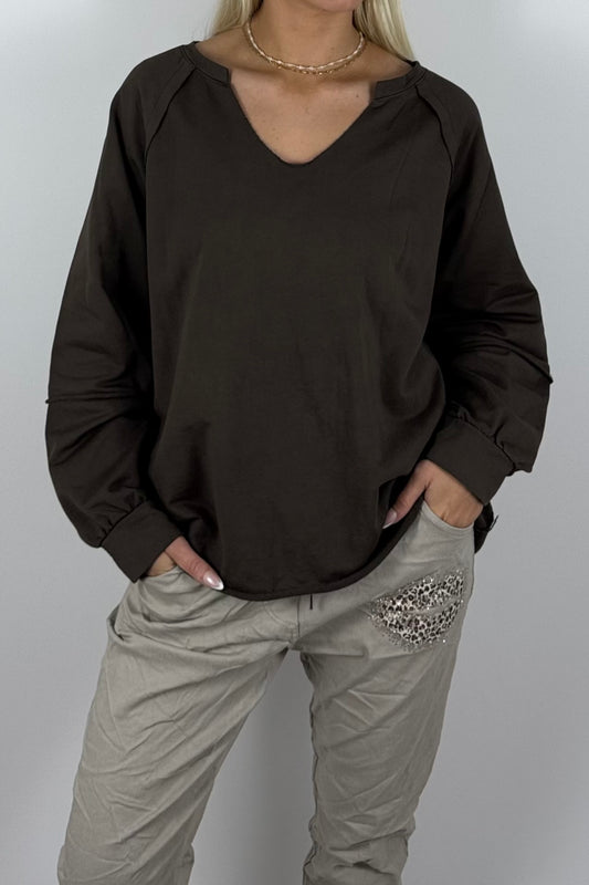 Damen Oversize-Sweatshirt mit V-Ausschnitt-Schoko