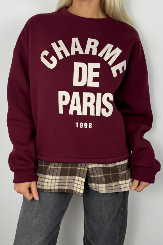 Sweatshirt mit „Charme de Paris“ Print und Karodetail-Bordeux