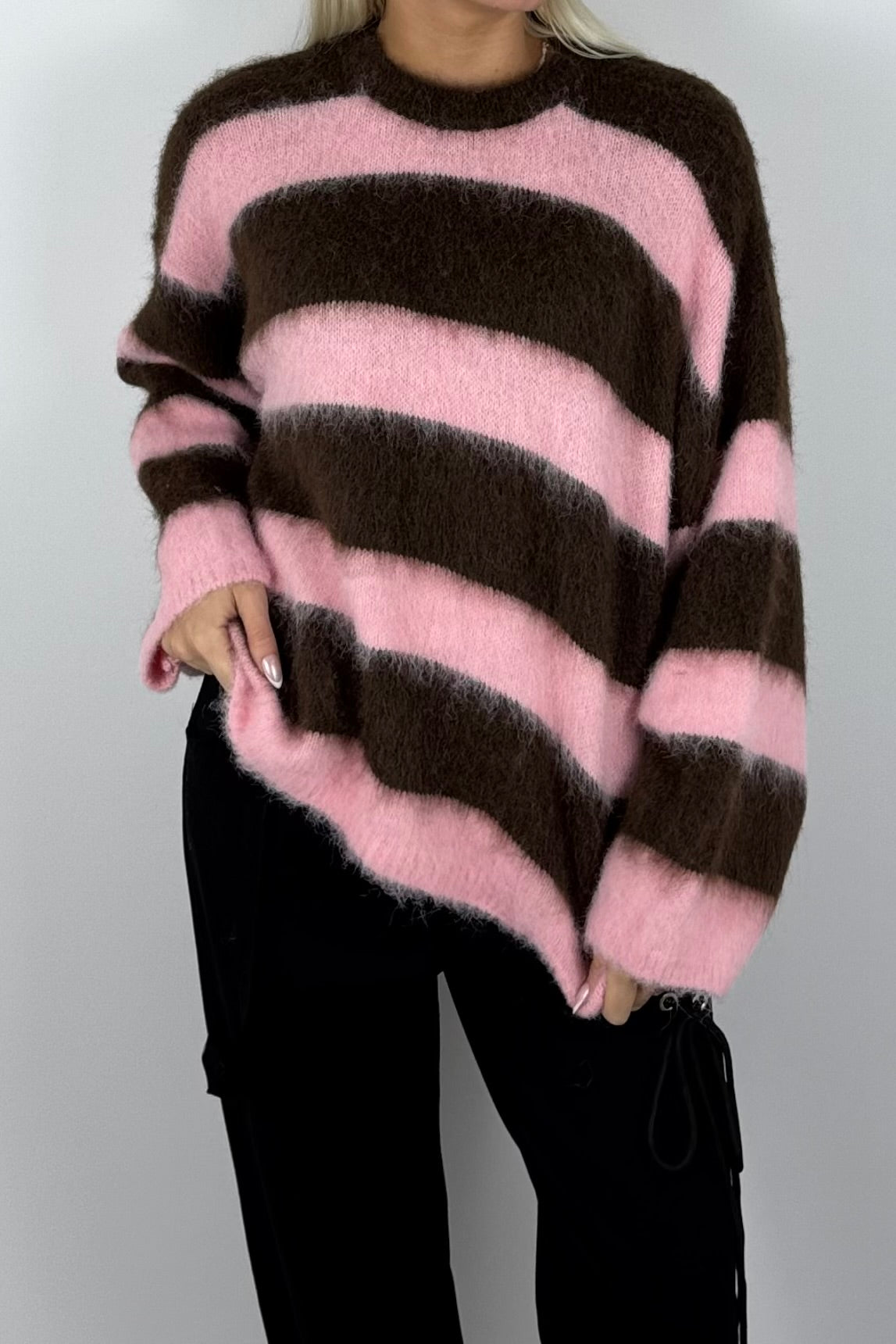 Damen Kuschelpullover gestreift –Rosa