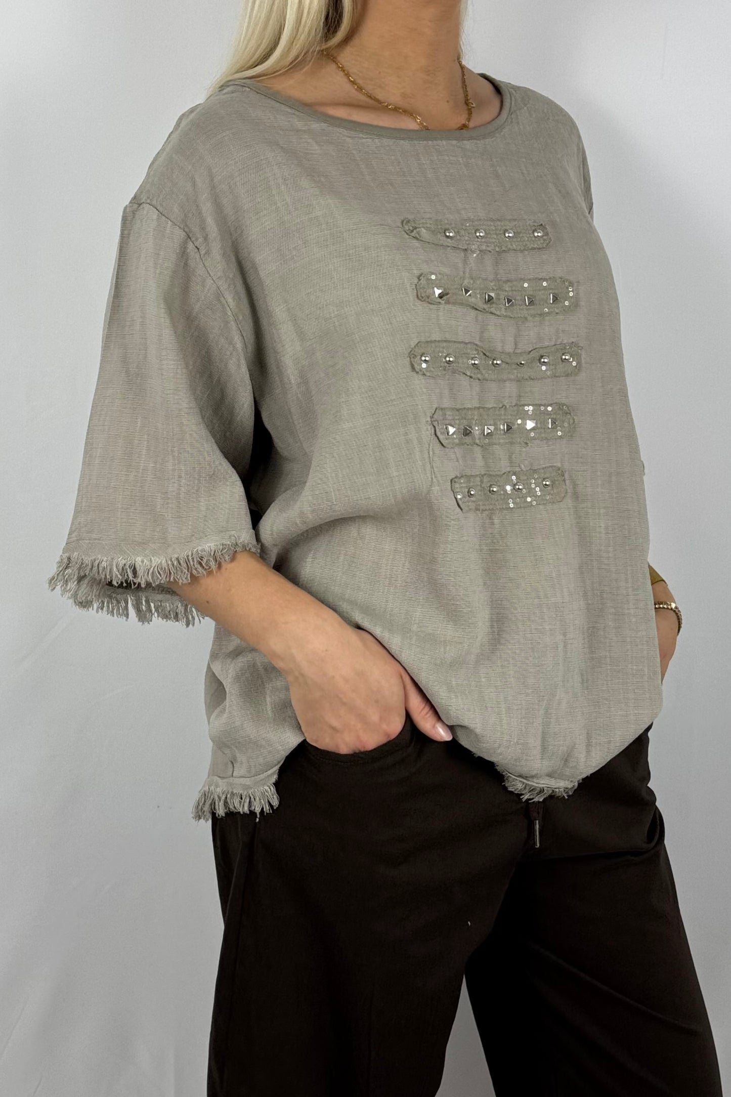 Leinen-Shirt mit Fransen & Nieten-Details-Mud