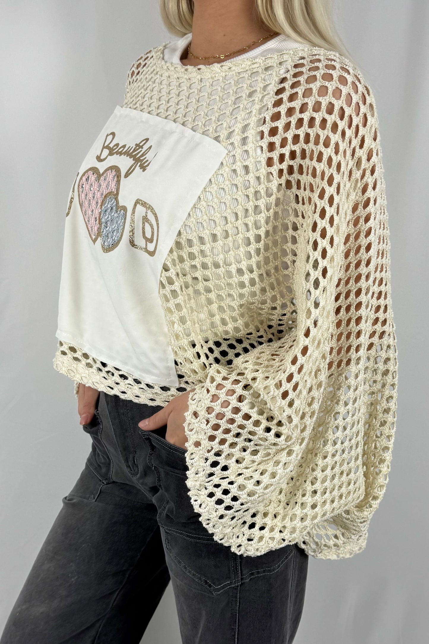 Damen Strickpullover mit Netzstruktur und Beautiful Mood Print-Beige