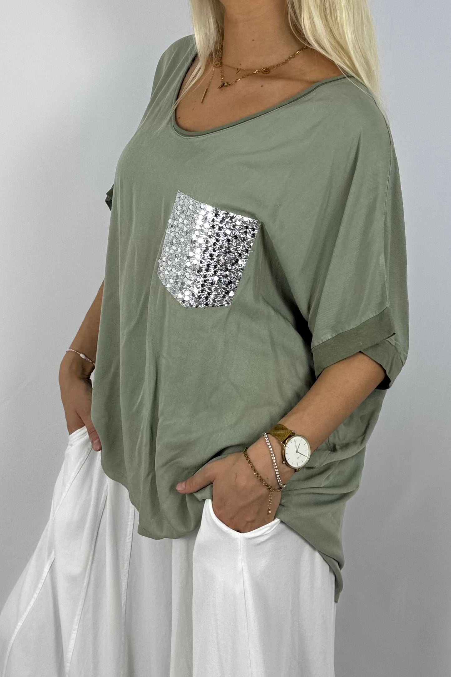Oversize Shirt mit Pailletten-Brusttasche-Khaki