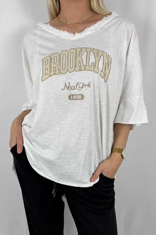 Oversize Damen Shirt mit Brooklyn New York Print-Weiß