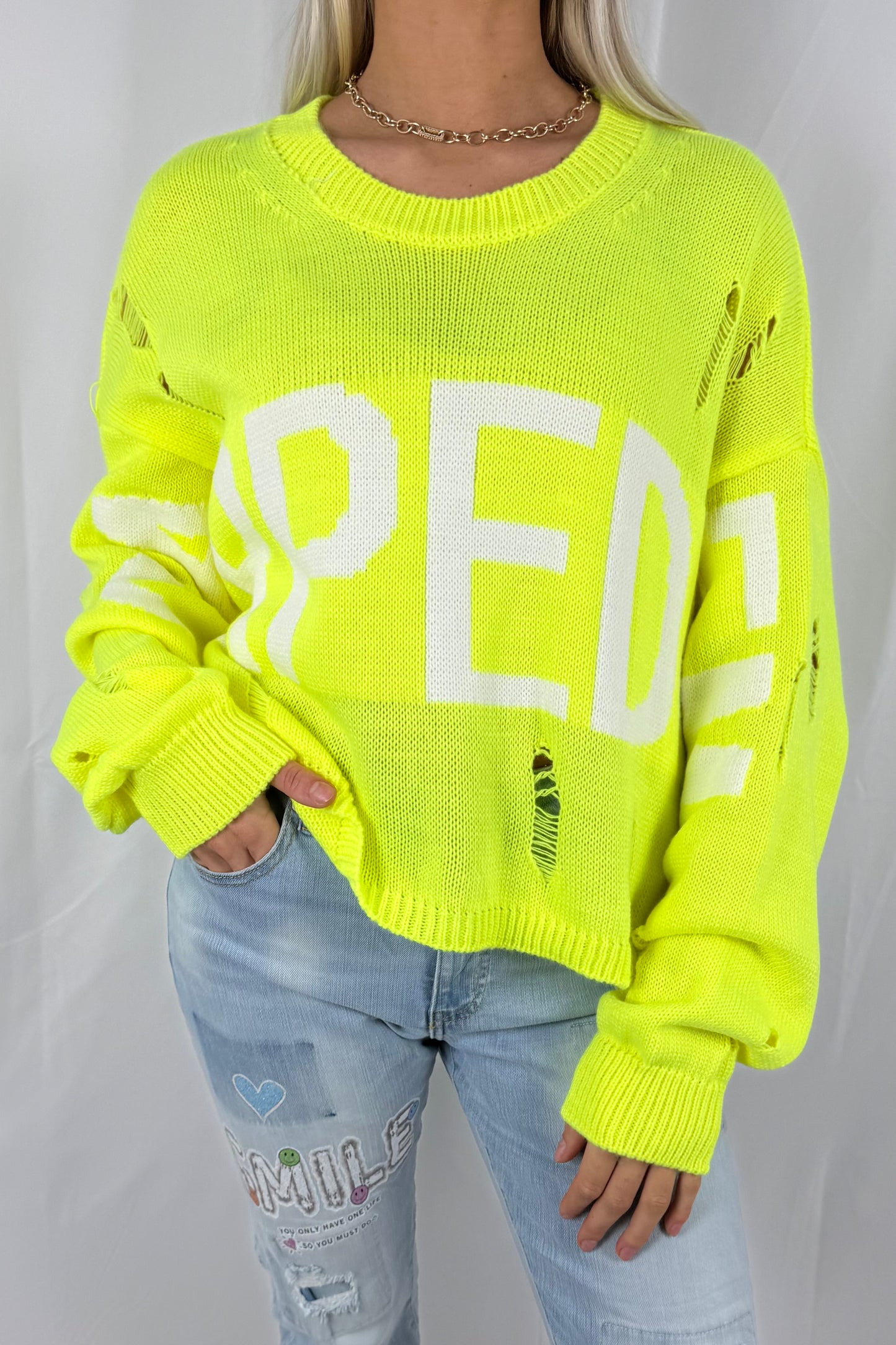 Strickshirt mit Schrift-Design-Neon Gelb