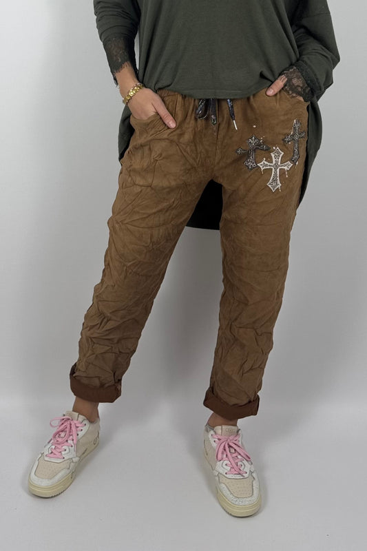 Damen Hose mit Kreuz-Details –Kamel