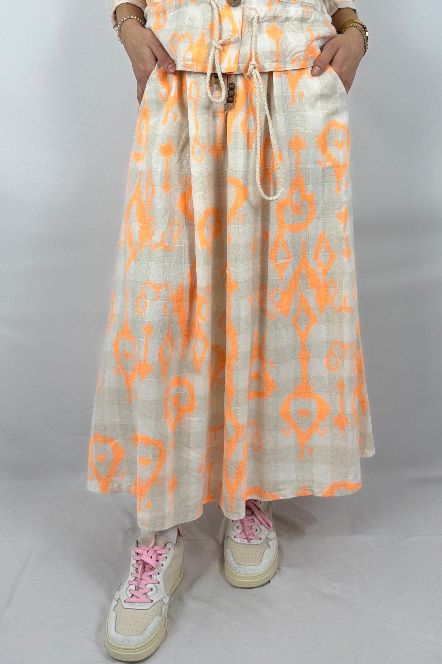 Boho Rock mit Print – Leinen/Viskose-Neon Orange