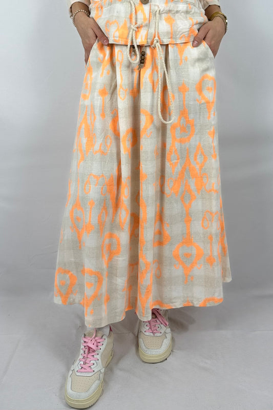 Boho Rock mit Print – Leinen/Viskose-Neon Orange