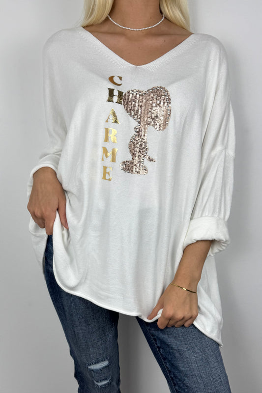 Damen Shirt mit V-Ausschnitt und Glitzer-Applikation –Weiß